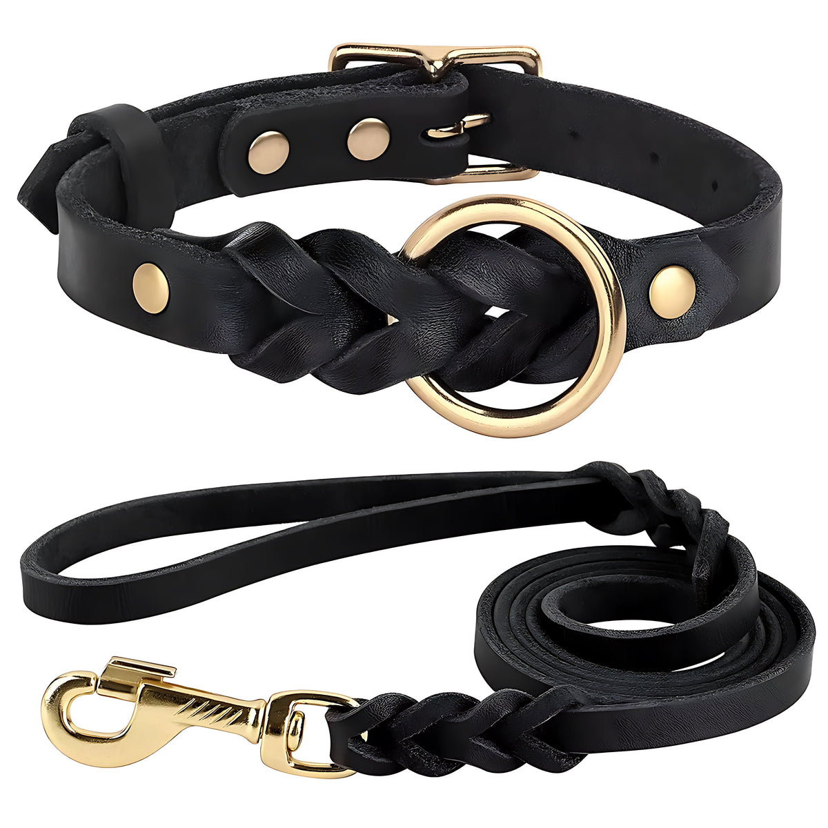 Genuine Leather Dog Collar & Lead Set – Braided Heavy Duty Leash